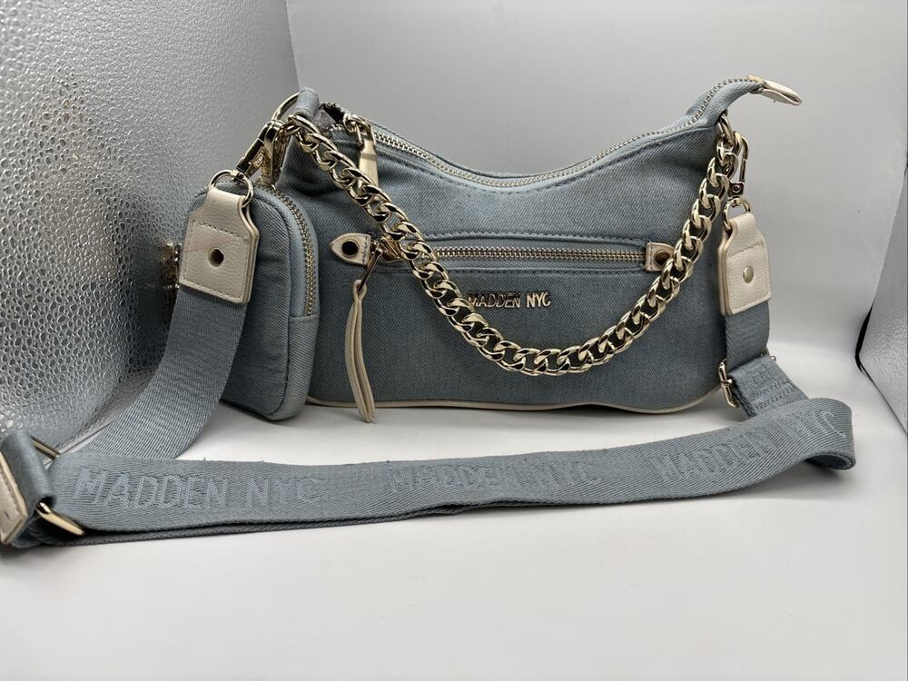MADDEN NYC Denim Handbag & Travel Pouch Small Light Blue Jean Cross Body Gold